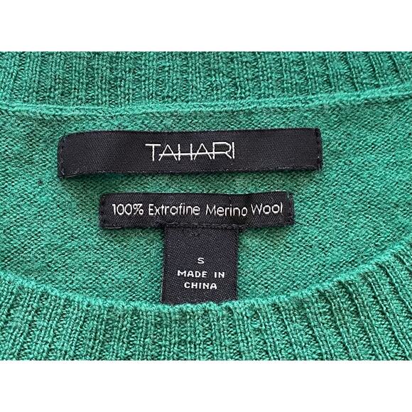 Tahari Dark Green Extrafine Merino Wool Crew Neck Sweater, Zipper Detail, S - Picture 8 of 11